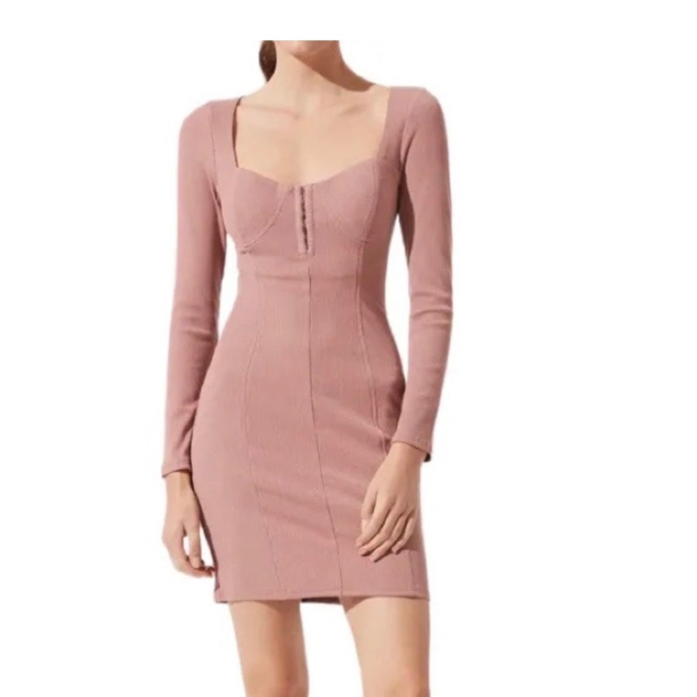 ASTR The Label Ribbed Long Sleeve Bodycon Mini Dress Mauve Pink Small NWT